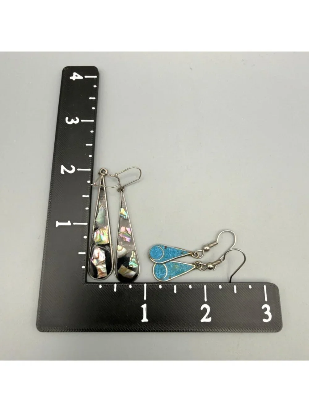 Alpaca Mexican Abalone Teardrop Inlay Dangle Earrings Sterling Silver Multicolor